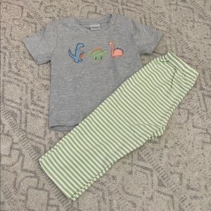 Gray Dinosaur T-Shirt and Green Striped Pants Set